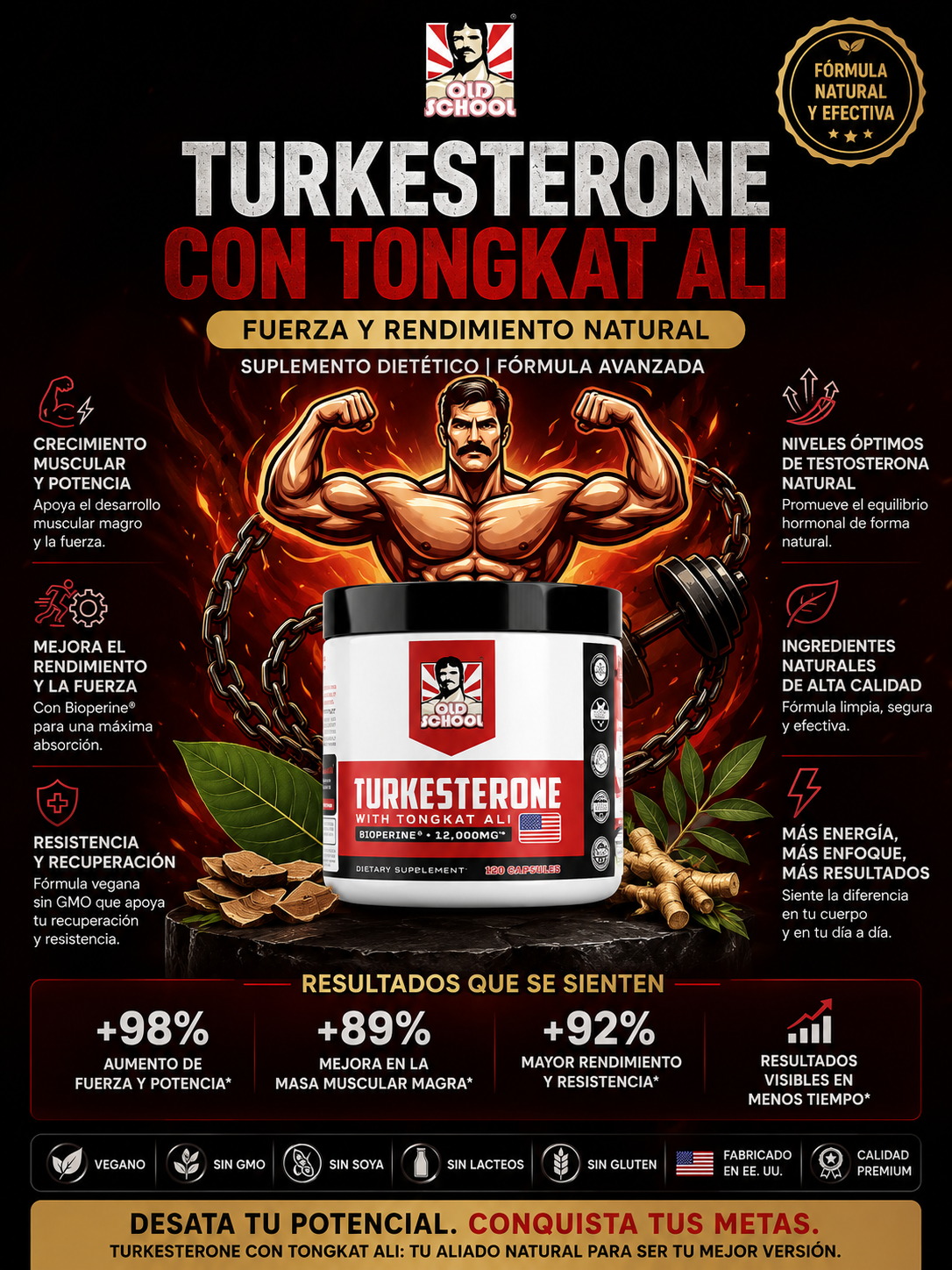Turkesterone - Cápsulas de Ajuga Turkestanica con Tongkat Ali para Resistencia, Fuerza y Vitalidad Masculina (120 Cápsulas)
