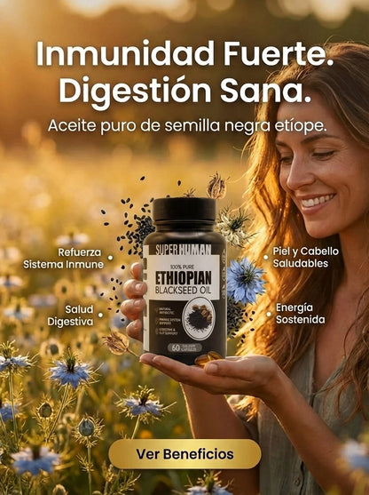 SUPER HUMAN Ethiopian Black Seed Oil – Aceite de Semilla Negra Etíope Alta Potencia (60 Gelatin Capsules)