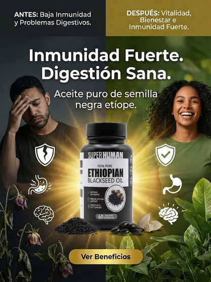 SUPER HUMAN Ethiopian Black Seed Oil – Aceite de Semilla Negra Etíope Alta Potencia (60 Gelatin Capsules)