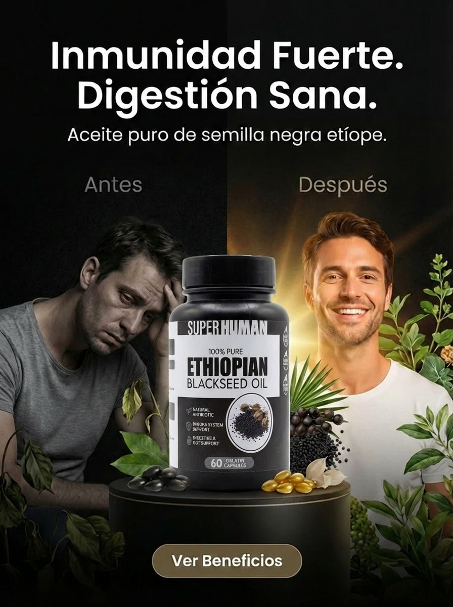 SUPER HUMAN Ethiopian Black Seed Oil – Aceite de Semilla Negra Etíope Alta Potencia (60 Gelatin Capsules)