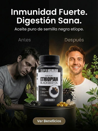 SUPER HUMAN Ethiopian Black Seed Oil – Aceite de Semilla Negra Etíope Alta Potencia (60 Gelatin Capsules)