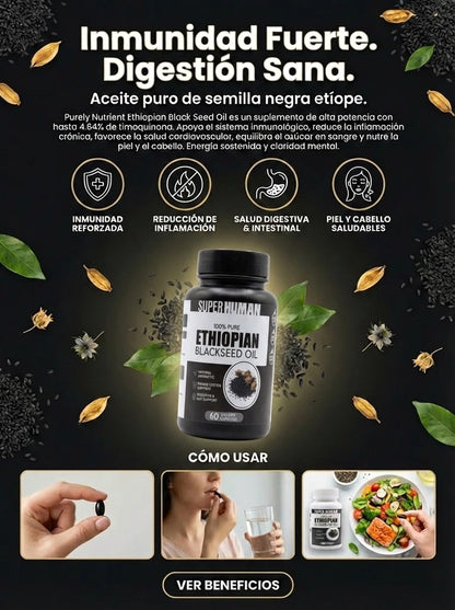 SUPER HUMAN Ethiopian Black Seed Oil – Aceite de Semilla Negra Etíope Alta Potencia (60 Gelatin Capsules)