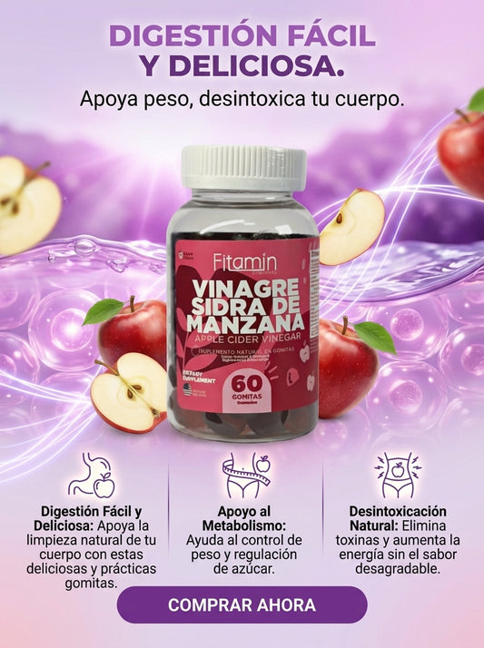 Gomitas de Vinagre de Manzana: Quema Grasa Acelera Metabolismo y Controla Apetito (60 Gomitas)