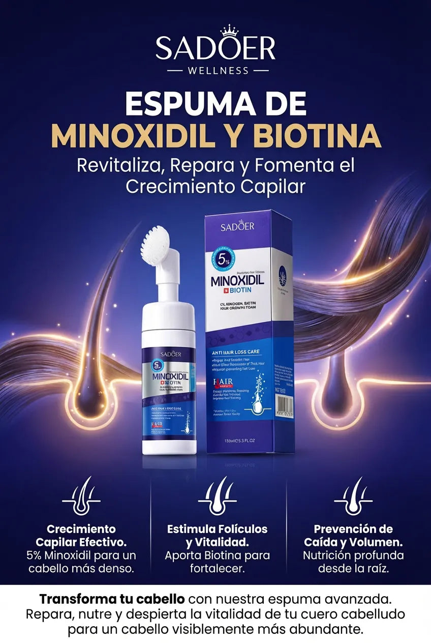 SADOER Minoxidil 5% y Biotina Espuma. Crecimiento Capilar, Densidad y Nutrición Profunda.