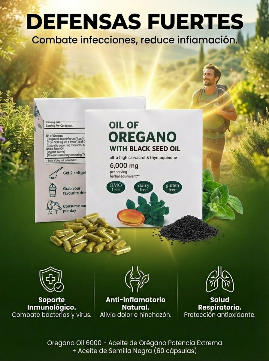 Oregano Oil 6000 – Aceite de Orégano Potencia Extrema + Aceite de Semilla Negra (60 cápsulas)