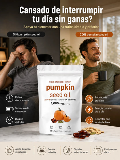 PUMPKIN SEED OIL + SAW PALMETTO – Suplemento de Aceite de Semilla de Calabaza Prensado en Frío con Saw Palmetto para Apoyo Prostático y Urinario (90 cápsulas blandas)
