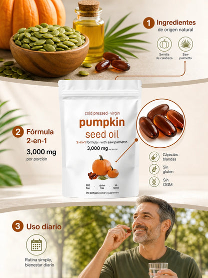 PUMPKIN SEED OIL + SAW PALMETTO – Suplemento de Aceite de Semilla de Calabaza Prensado en Frío con Saw Palmetto para Apoyo Prostático y Urinario (90 cápsulas blandas)