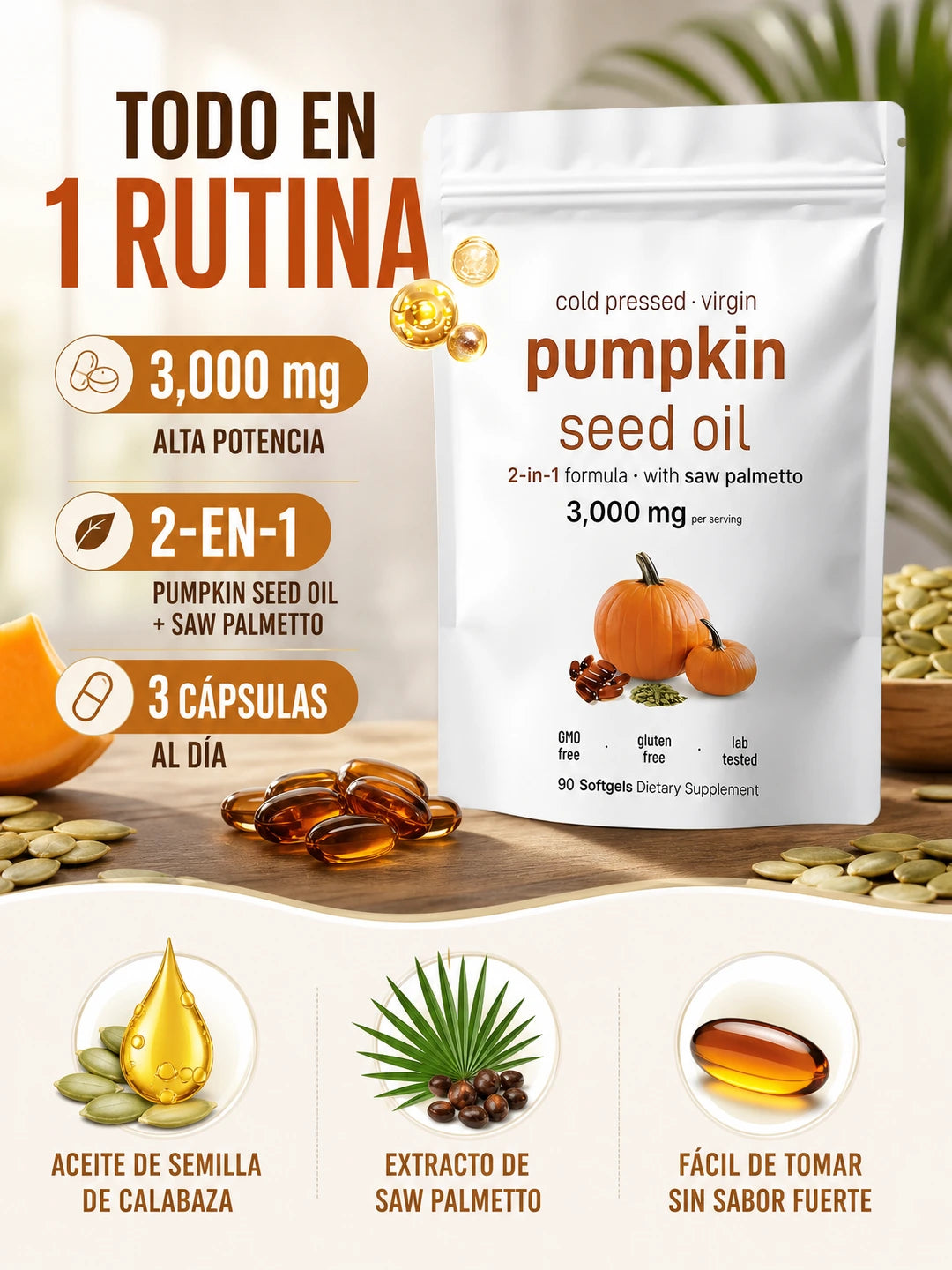 PUMPKIN SEED OIL + SAW PALMETTO – Suplemento de Aceite de Semilla de Calabaza Prensado en Frío con Saw Palmetto para Apoyo Prostático y Urinario (90 cápsulas blandas)
