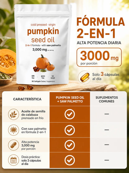 PUMPKIN SEED OIL + SAW PALMETTO – Suplemento de Aceite de Semilla de Calabaza Prensado en Frío con Saw Palmetto para Apoyo Prostático y Urinario (90 cápsulas blandas)
