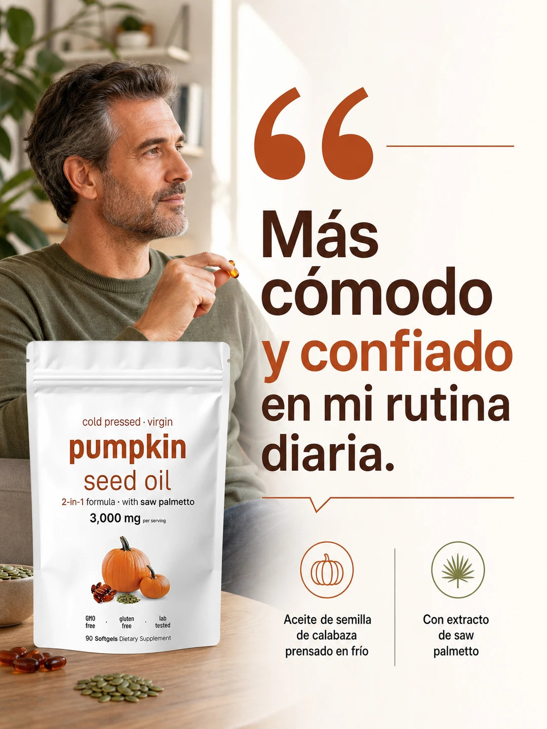 PUMPKIN SEED OIL + SAW PALMETTO – Suplemento de Aceite de Semilla de Calabaza Prensado en Frío con Saw Palmetto para Apoyo Prostático y Urinario (90 cápsulas blandas)