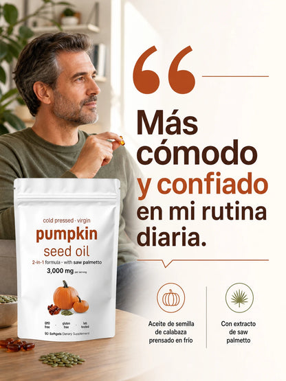 PUMPKIN SEED OIL + SAW PALMETTO – Suplemento de Aceite de Semilla de Calabaza Prensado en Frío con Saw Palmetto para Apoyo Prostático y Urinario (90 cápsulas blandas)